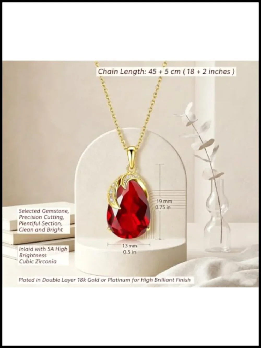 Oval Gemstone Pendant Necklace Ruby Emerald Sapphire Teardrop 18K Gold Plated